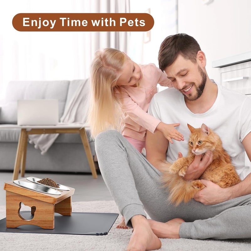 INNVVIS Elevated Cat Bowls with Silicone Mat, 15° Tilted Solid Wood Stand, Raised Stainless Steel Food & Water Dishes for Cats and Small Dogs, Anti-Vomiting Design(Natural) - Image 2